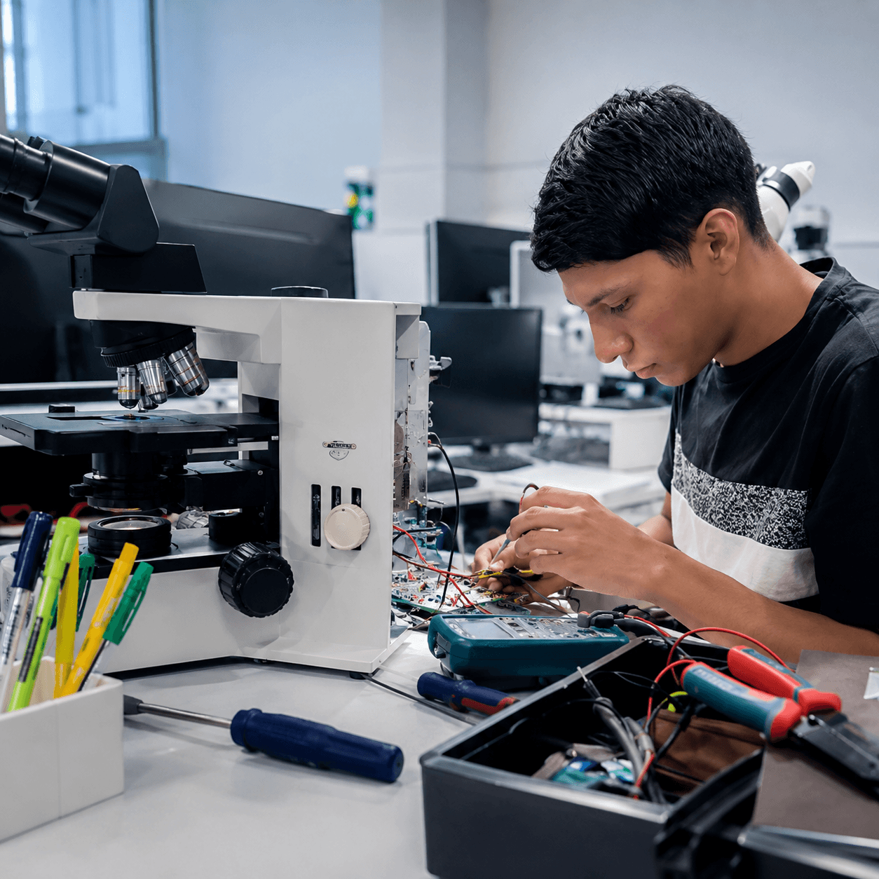 Técnico biomédico revisando microscopio y componentes electrónicos
